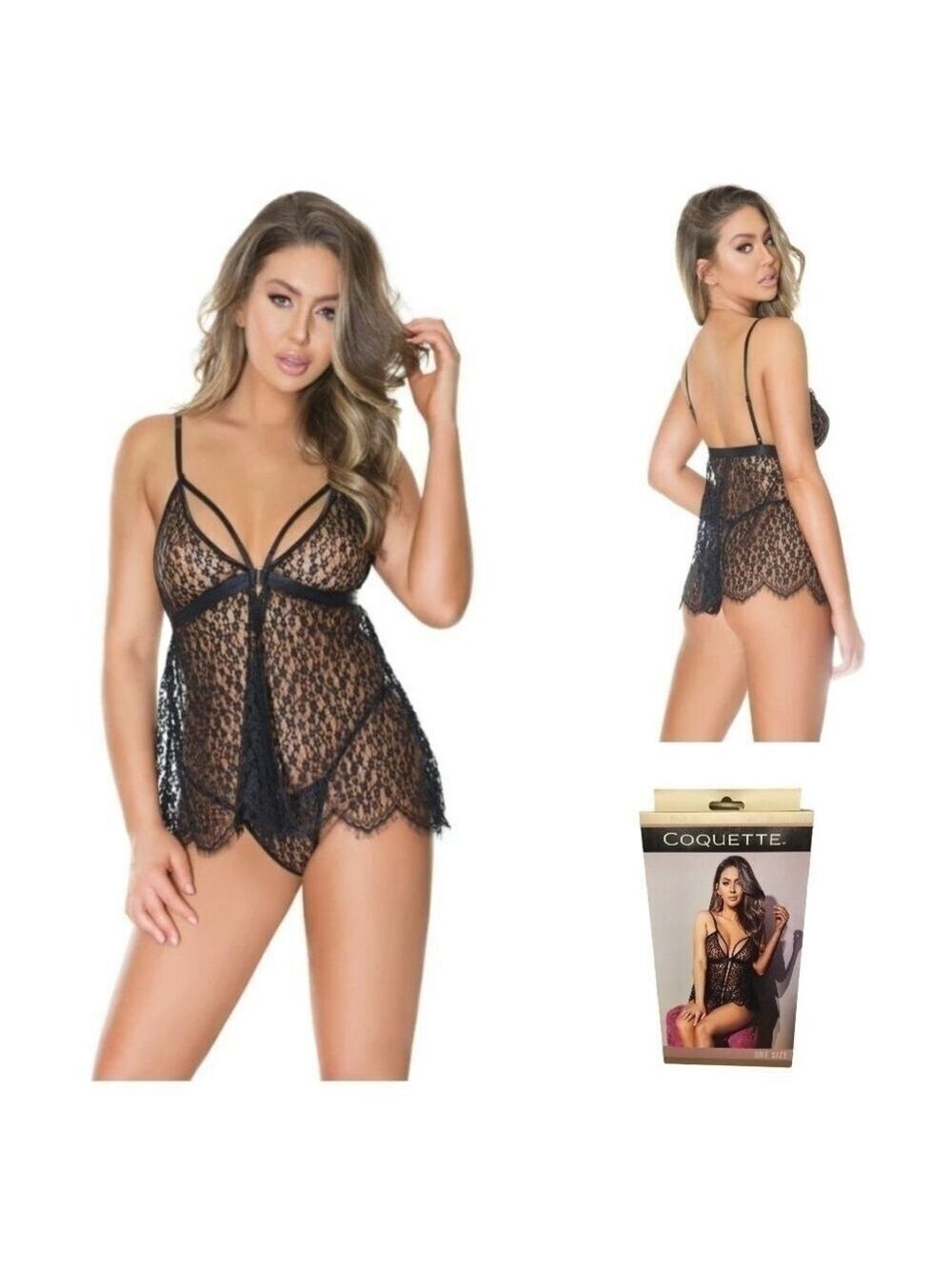 Fine Lace Babydoll & G-String Lingerie Set, Black, O/S, NIB